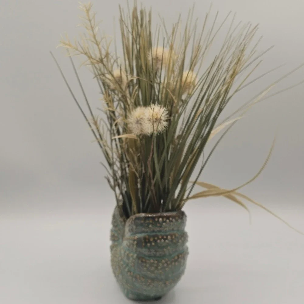 Nautilus Shell Ceramic Vase Teal Blue‎ Faux Grass Floral Arrangement Coastal